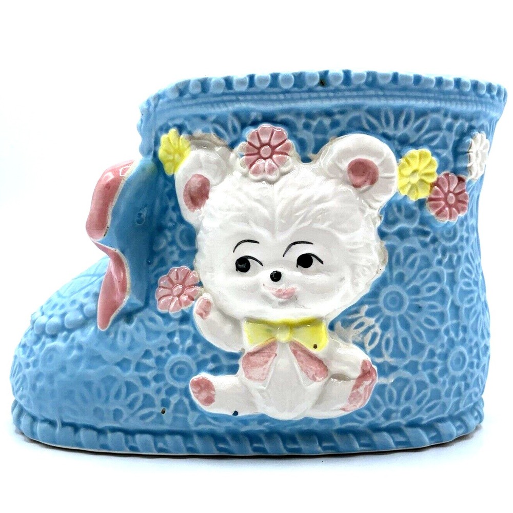 Vintage Relpo Baby Bear Booty Bootie Shoe Blue Planter Nursery Home Shelf Decor
